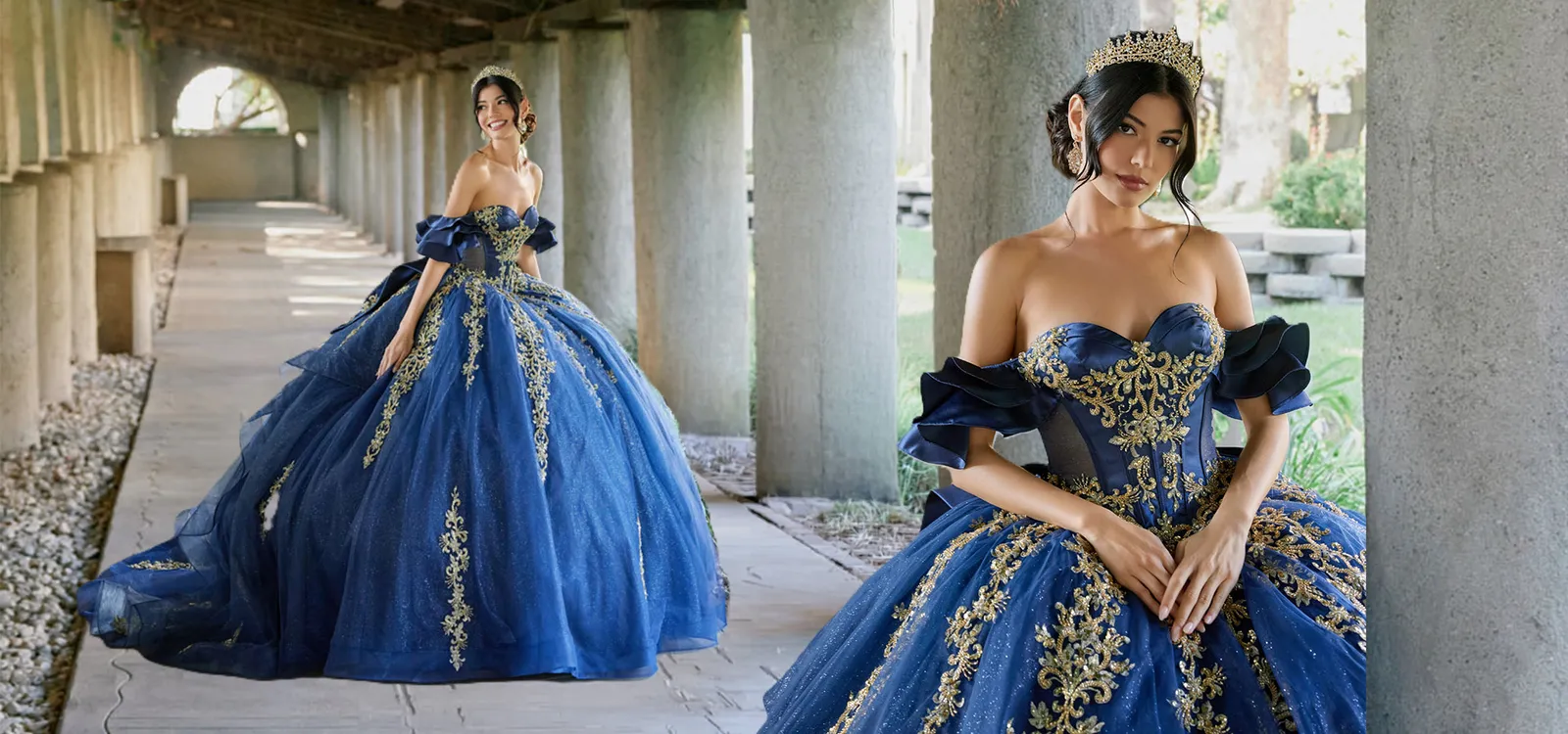Model wearing royal blue quinceañera ball gown with gold beaded detailing and crown at Elizabeth's Boutique Scranton PA